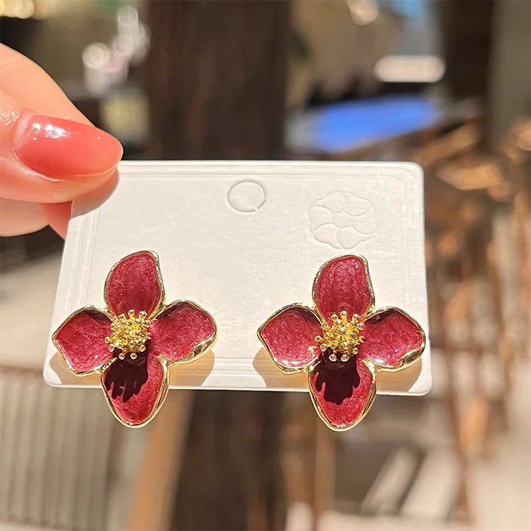 2025 Hibiscus Dropped Glaze Flower Stud Earrings for Women Girl French Ins Vintage Fashion Korean Wedding Romantic Jewelry